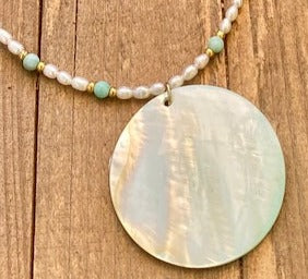 Blue Shell Necklace with Fresh Water Pearls
